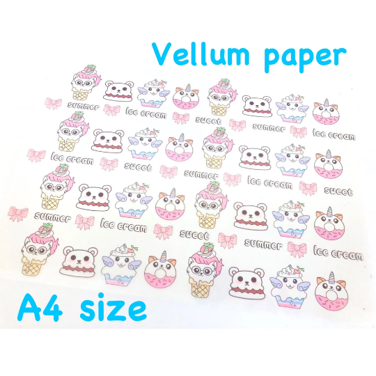 Ice Cream Vellum - Full Sheet in A4 size - Hand drawn kawaii ice creams